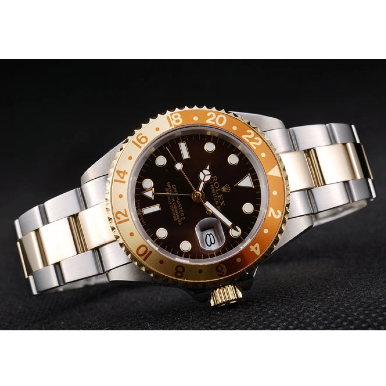 Aaa replica watch Bezel Ceramic Gold Colored Master II Watch Dial Rolex GMT Brown 0712